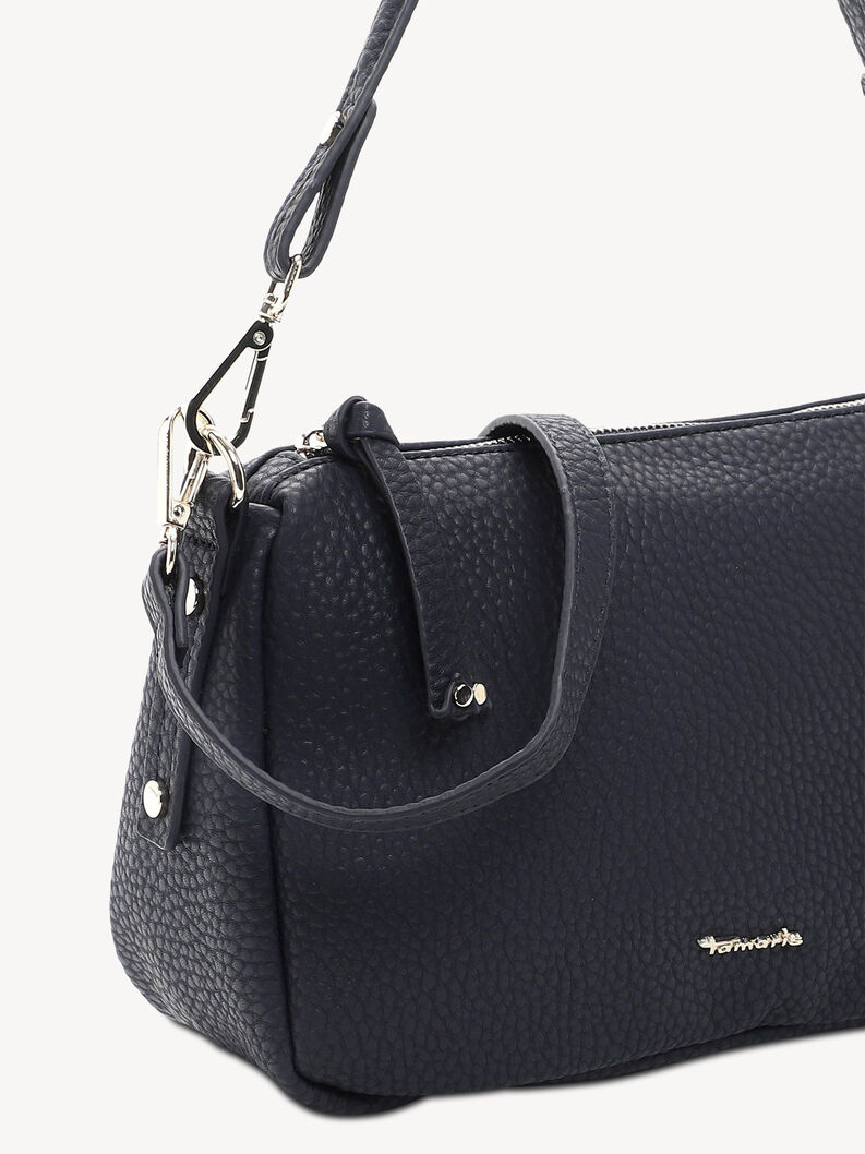 Borsa in pelle blu testurizzata con logo metallico e tracolla regolabile