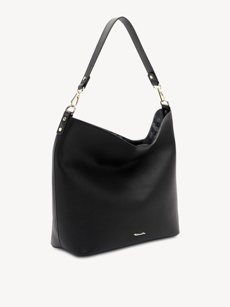 Seitenansicht einer schwarzen Lederhandtasche mit verstellbarem Tragehenkel