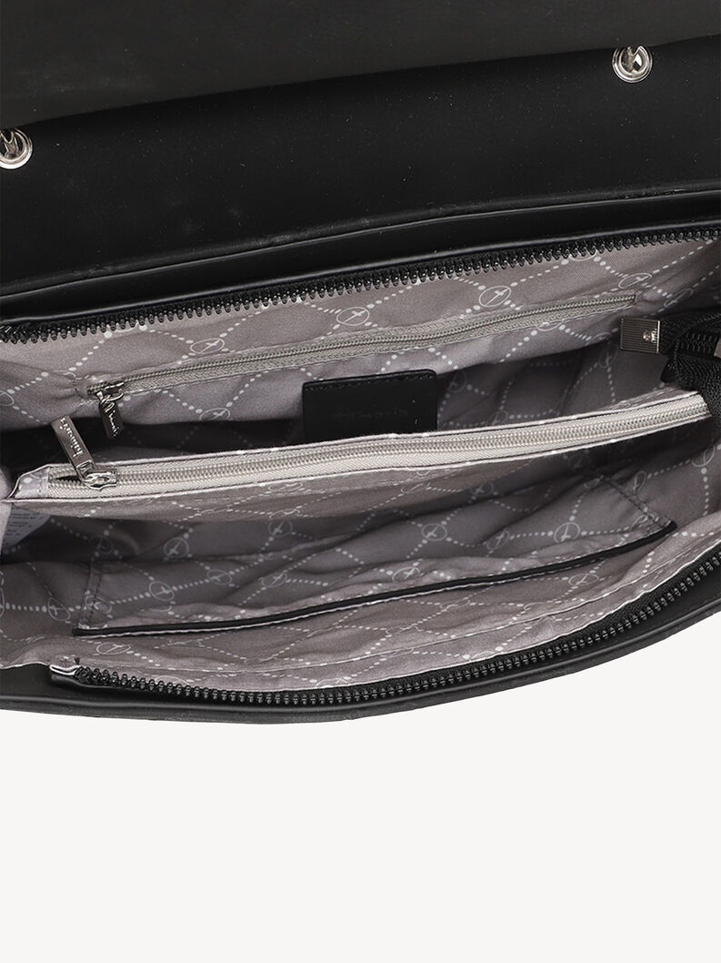 Detailed view of handbag interior with multiple compartments and zip