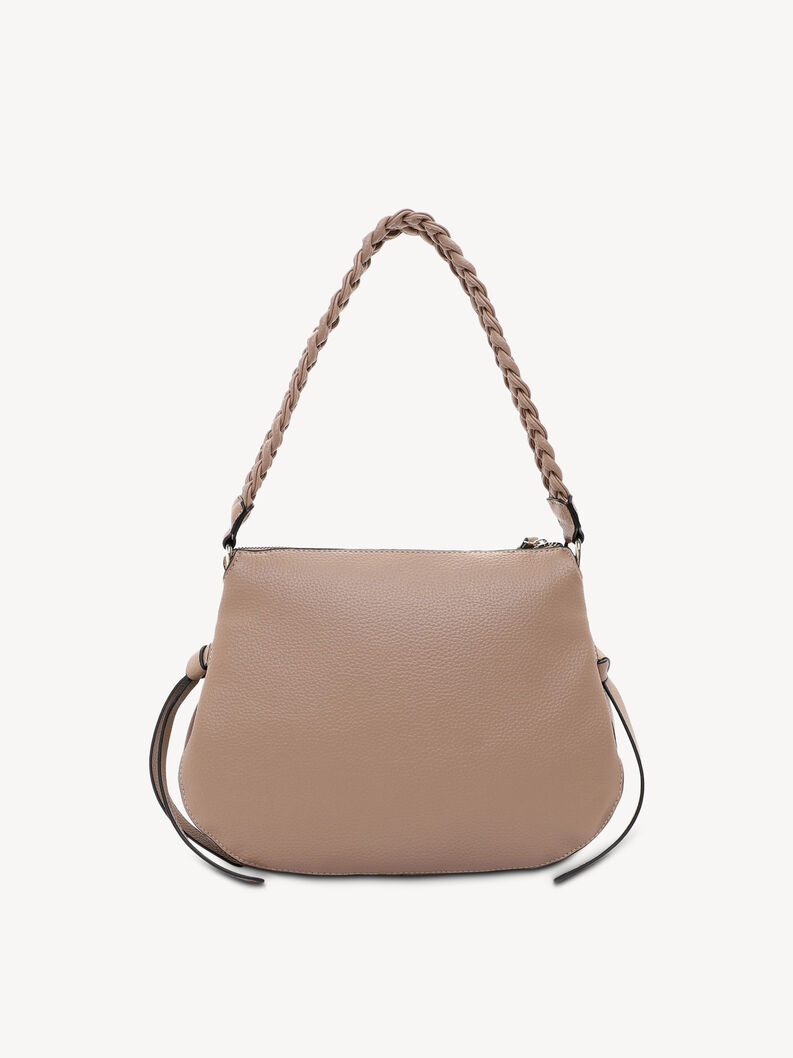 Back view of beige women's faux leather handbag with braided handle