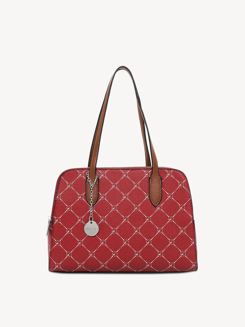 Rode handtas met bruine handvatten en fijn patroon