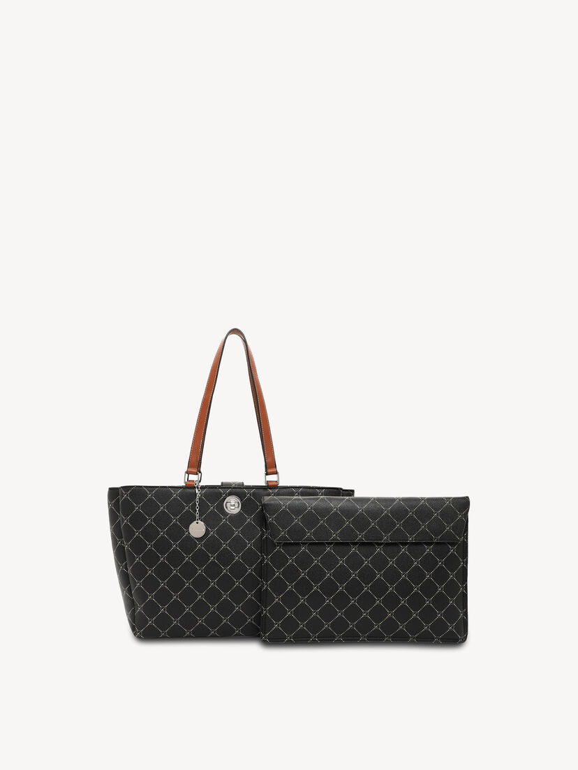 Zwarte handtas en klein tasje met patroon en beige handvatten