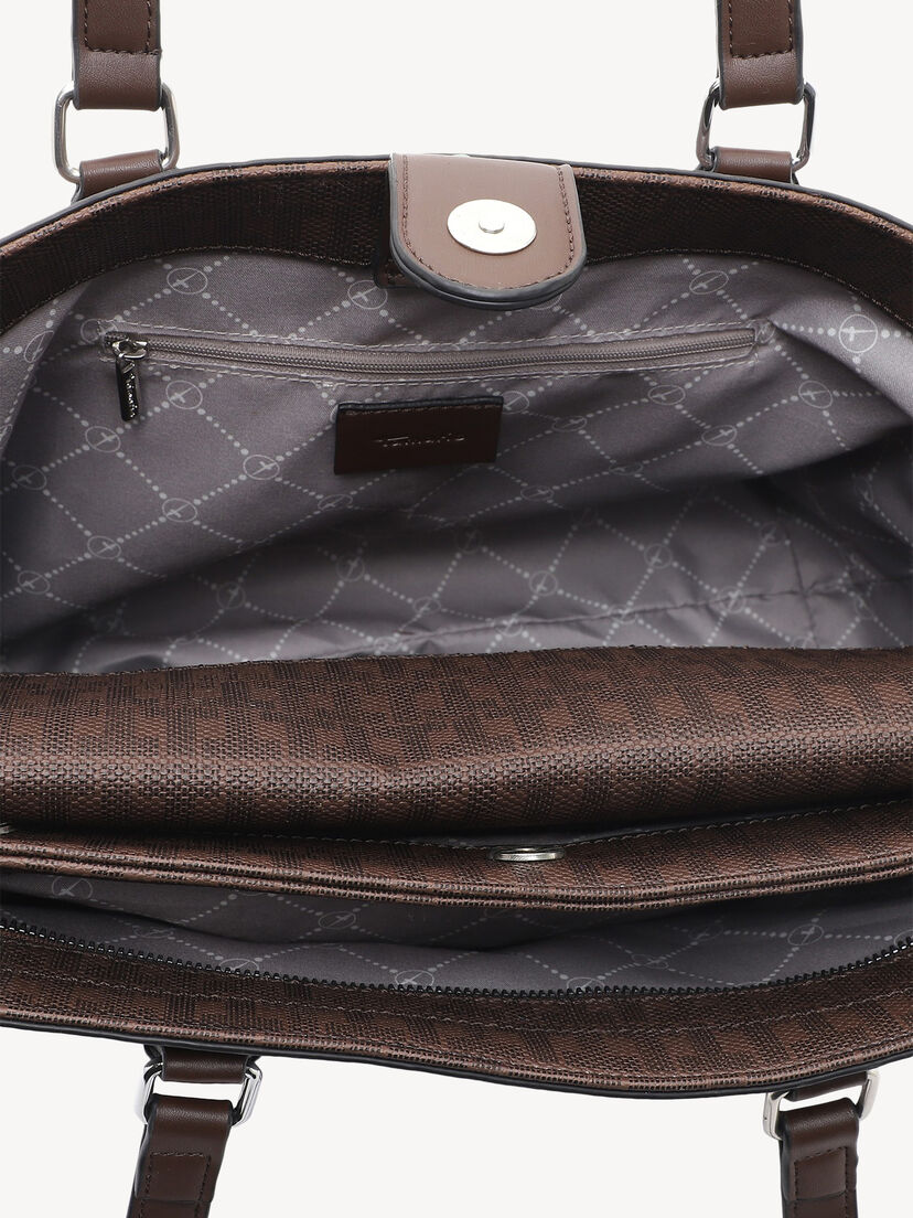 Close-up van binnenzak en sluiting van bruine Tamaris handtas