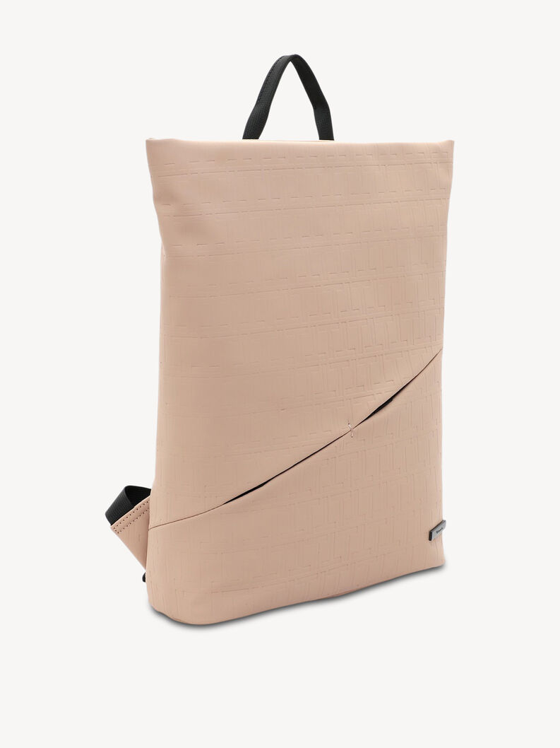 Seitenansicht eines beigen modernen Rucksacks mit schwarzen Tr&auml;gern und Struktur