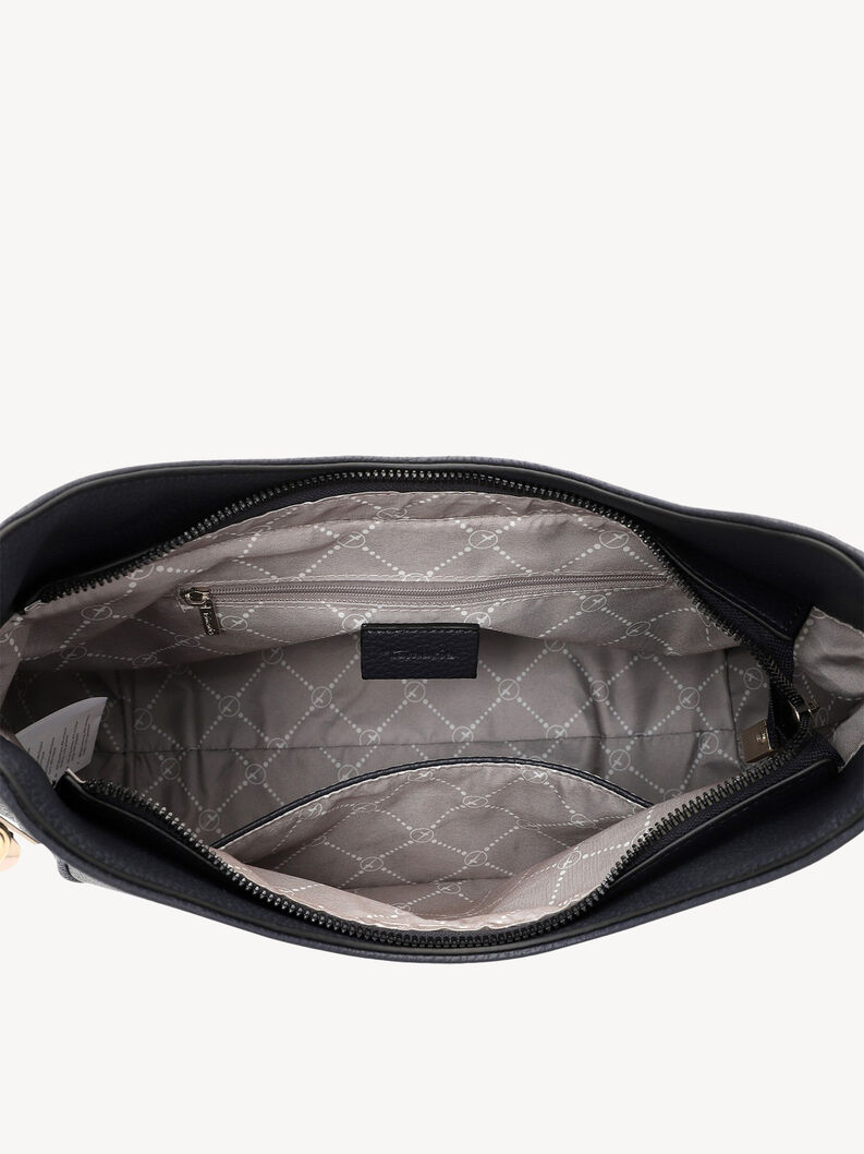 Vue int&eacute;rieure en gros plan du sac en cuir noir avec compartiments