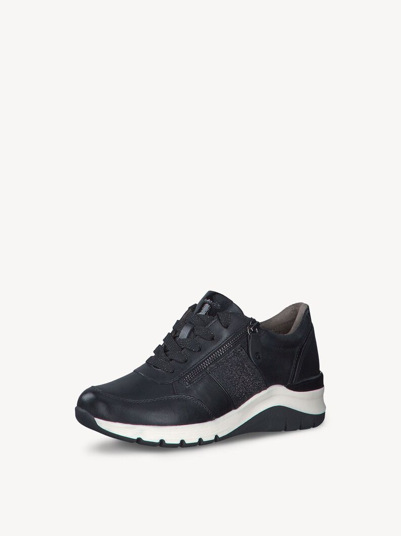 Sneaker sportive in pelle nera con suola bianca e zip, vista angolata