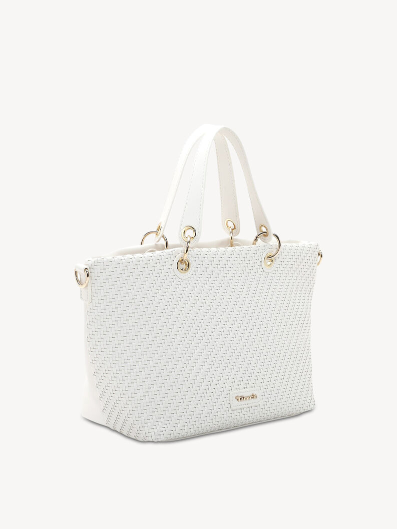 B&iacute;l&aacute; propleten&aacute; kabelka s dvěma držadly a elegantn&iacute;mi kovov&yacute;mi detaily