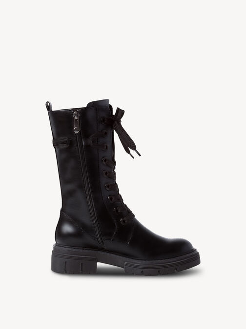 Bottes en cuir noir avec fermeture &eacute;clair, lacets, semelle &eacute;paisse
