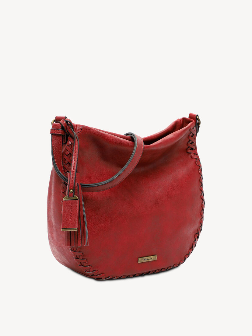 Rode leren schoudertas met gevlochten randen en verstelbare riem