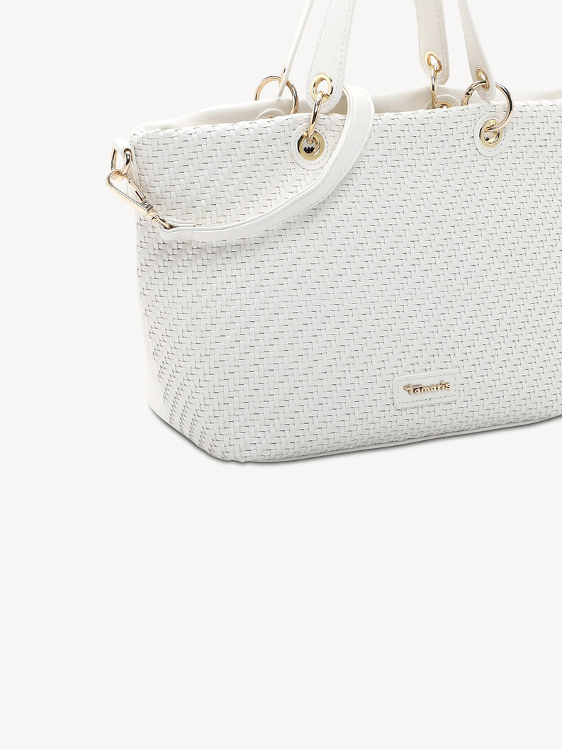 Detailn&iacute; pohled na b&iacute;lou propletenou kabelku s kovov&yacute;mi zlat&yacute;mi kroužky