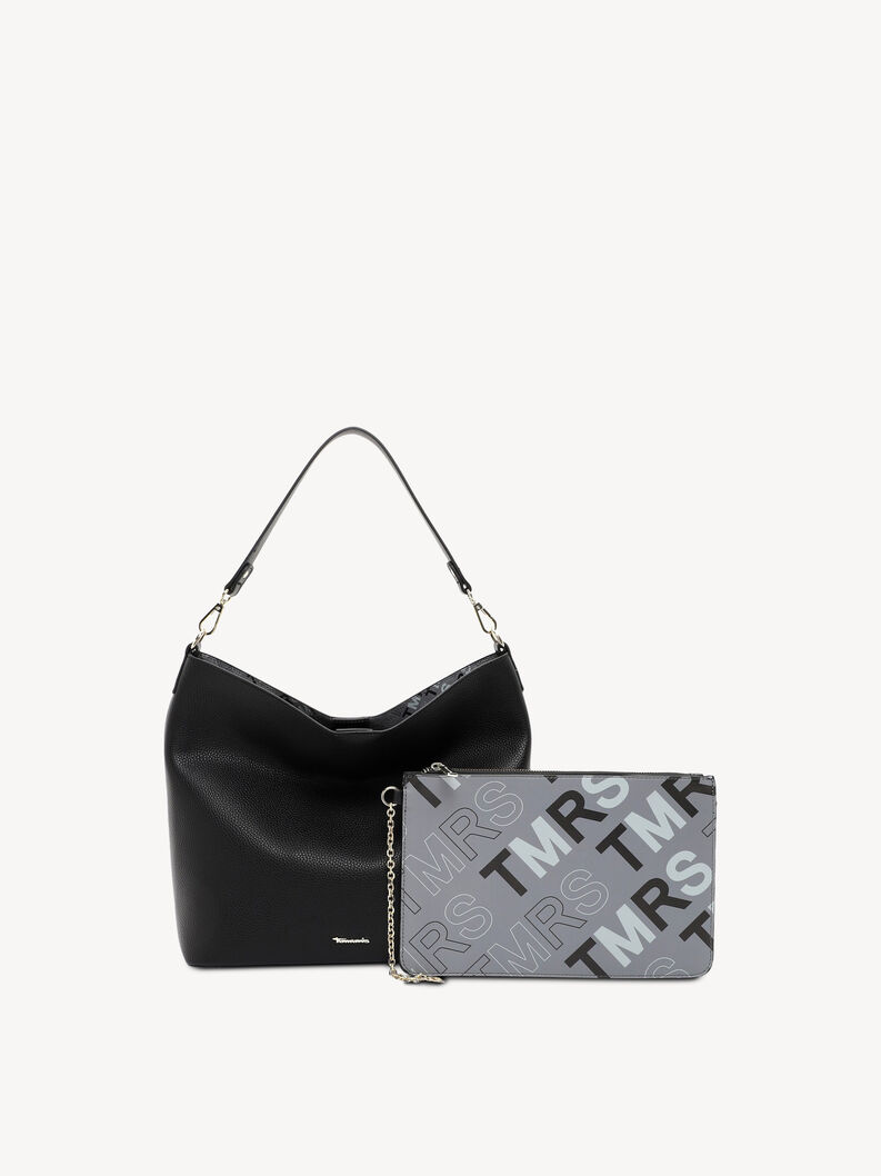 Schwarze Lederhandtasche mit abnehmbarem TMRS gemustertem Clutch