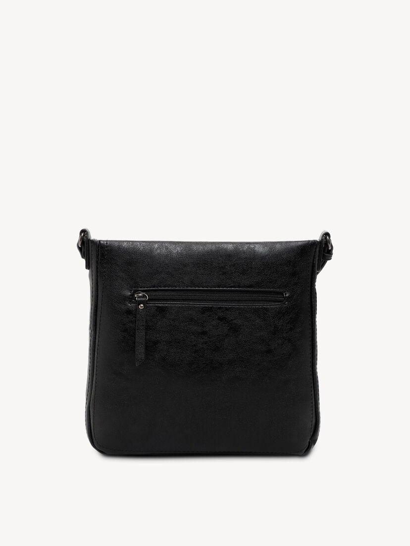 Achterkant van zwarte dames schoudertas van imitatieleer met ritsvak