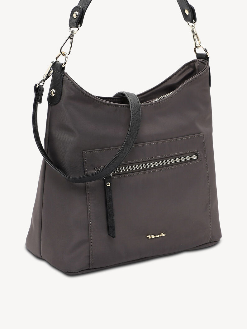 Detailansicht einer dunkelgrauen Nylon-Tasche mit schwarzem Riemen und Rei&szlig;verschluss