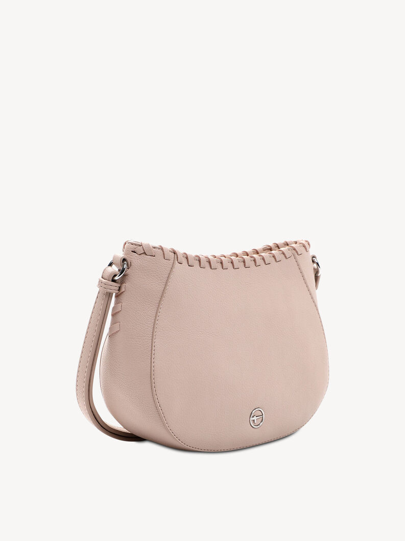 Borsa a tracolla in pelle rosa chiaro con bordo decorativo e logo metallico