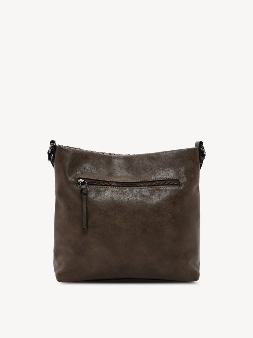 achterkant van bruine glad leren tas met ritssluiting