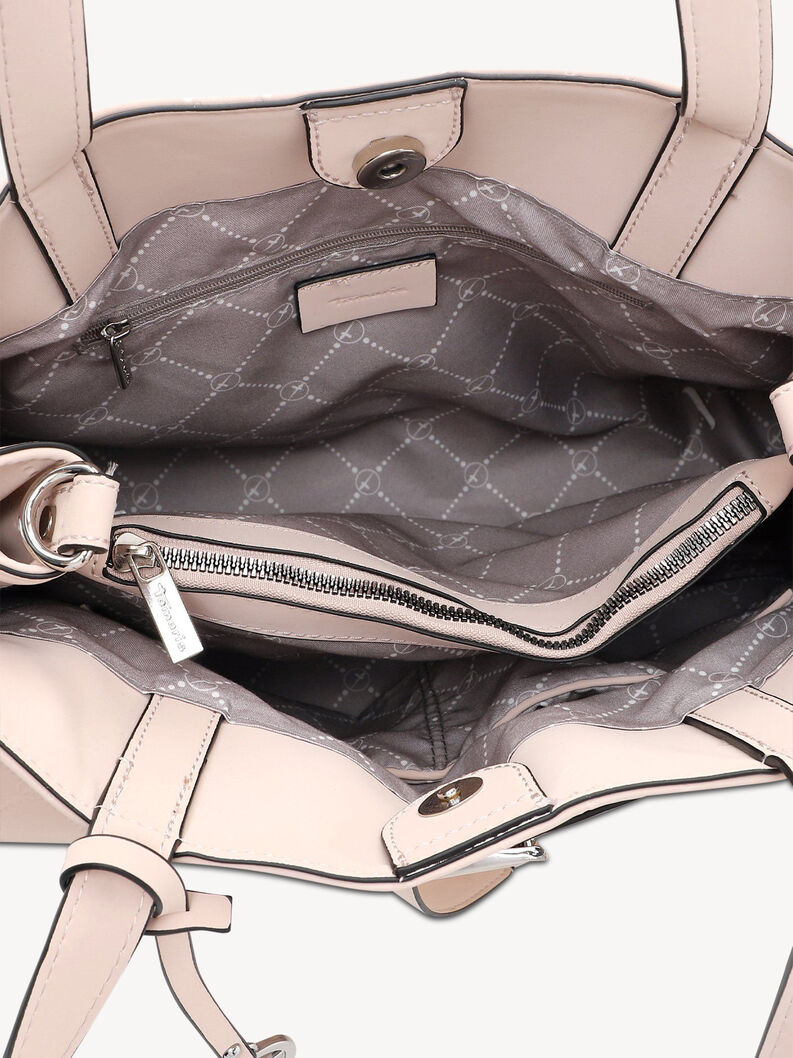 Close-up inside view of pink women's handbag with zippered organizer