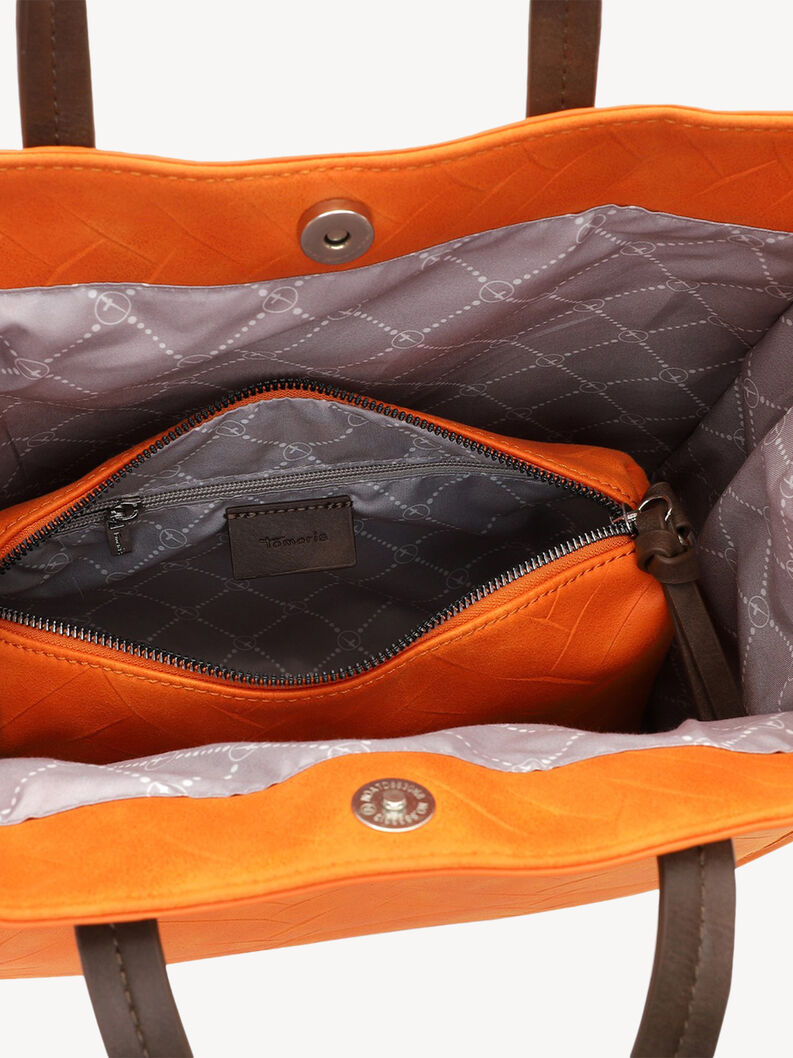 Int&eacute;rieur sac &agrave; main en cuir orange avec poche zipp&eacute;e et doublure grise