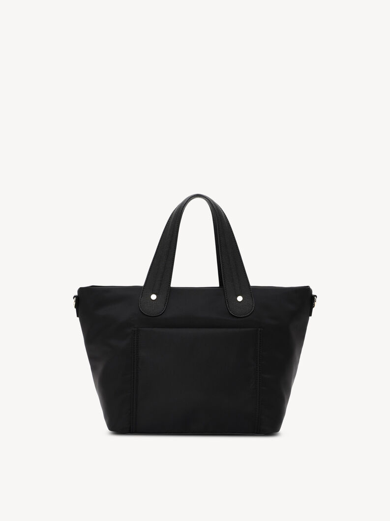 Tył czarnej torby na ramię z gładkiego materiału