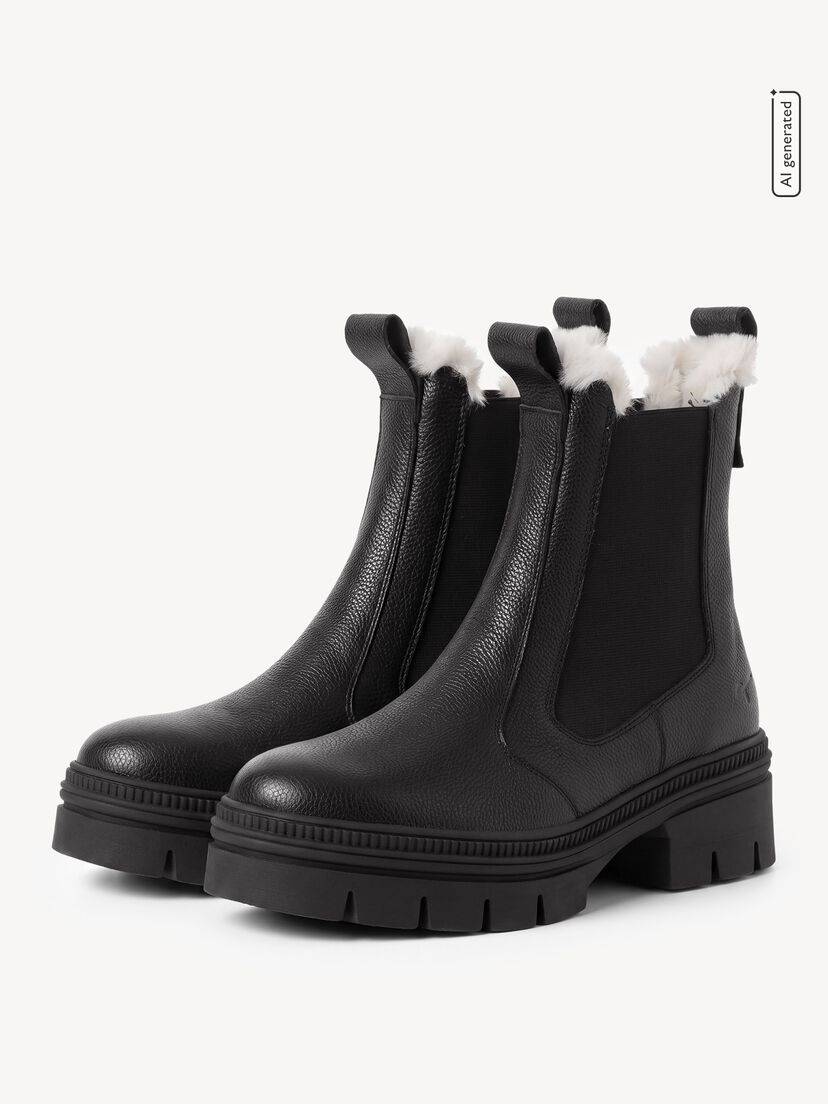 Leren Enkellaarsje - zwart warme voering, BLACK LEATHER, hi-res