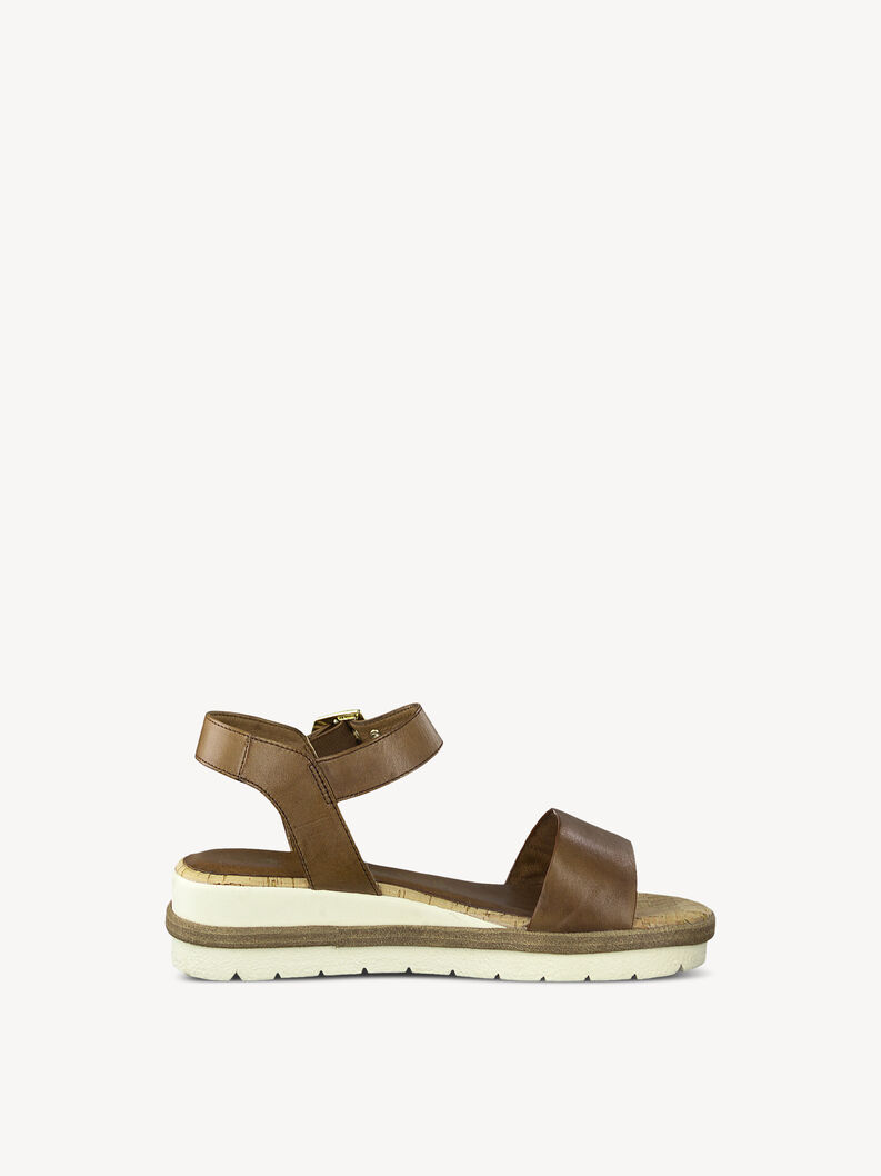 Brown leather women's sandals with white sole and adjustable strap