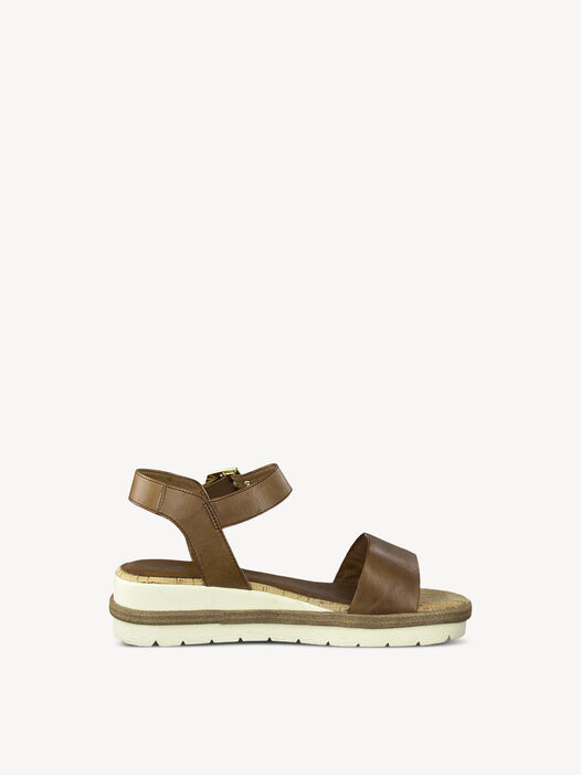 Bruine leren damessandalen met witte zool en verstelbare band