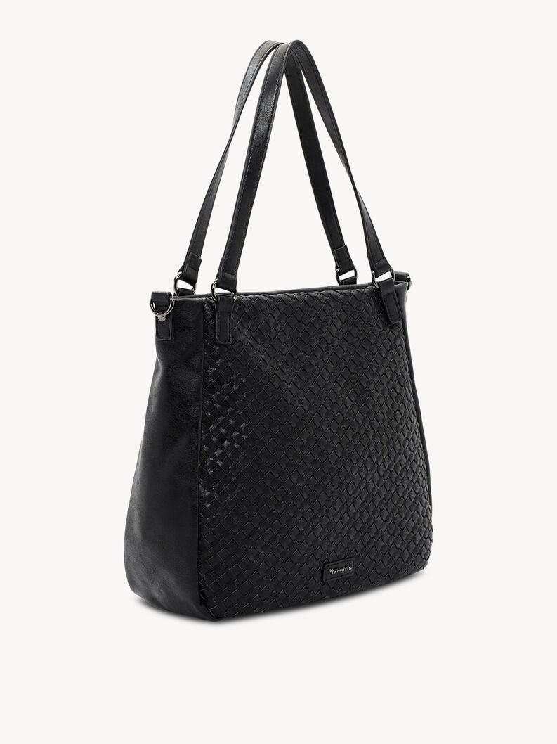 Widok z boku czarnej sk&oacute;rzanej torebki na ramię z plecionym wzorem