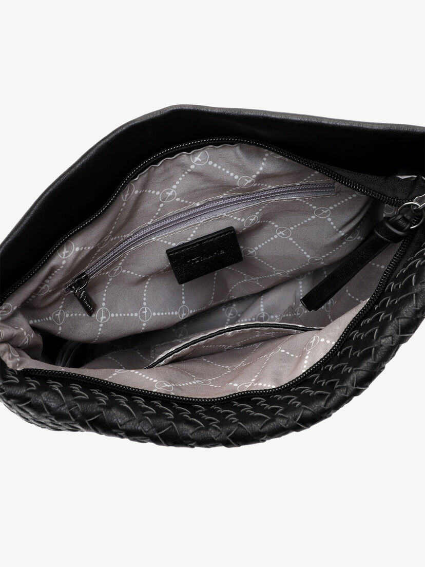 Detail van binnenkant zwarte schoudertas met gevlochten patroon en binnenvakjes