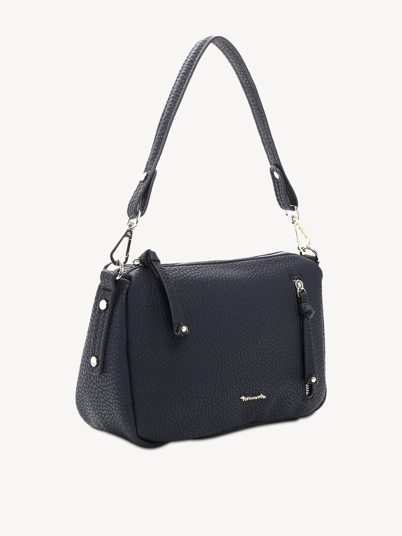 Primo piano borsa blu testurizzata con tracolla rimovibile