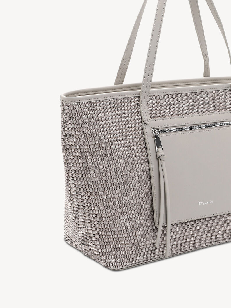 Beige Tamaris bag with front zip pocket and woven texture, side view