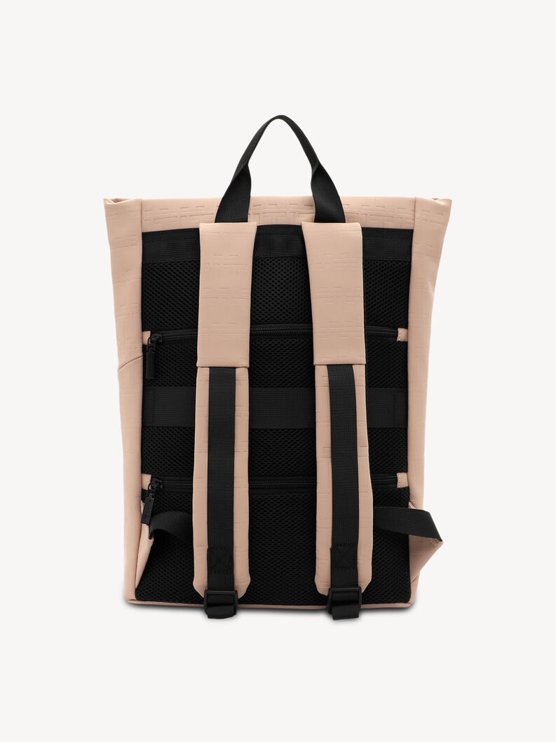 R&uuml;ckseite des beigen Rucksacks mit gepolsterten schwarzen Tr&auml;gern und Netzpolster