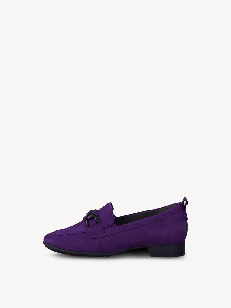 Lila Nubuk Damen-Loafer mit schwarzer Verzierung und kleinem Absatz