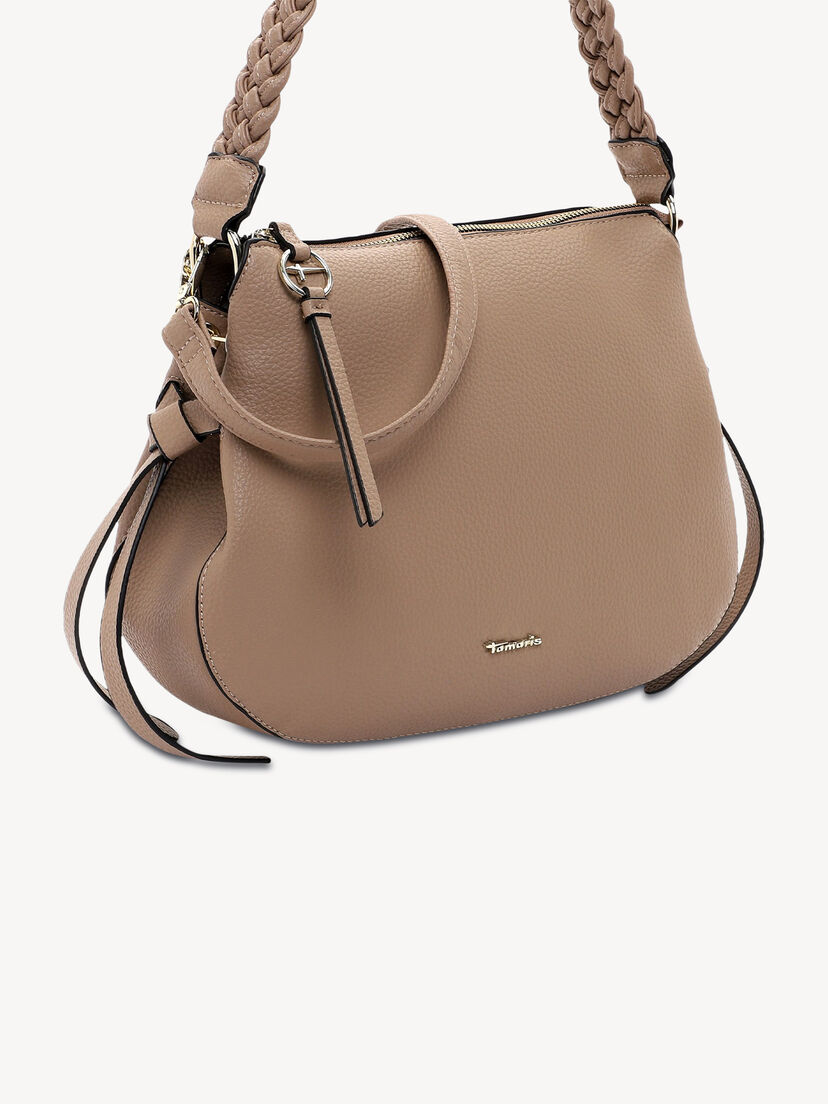 Close-up beige handtas met afneembare riem en gevlochten handvat