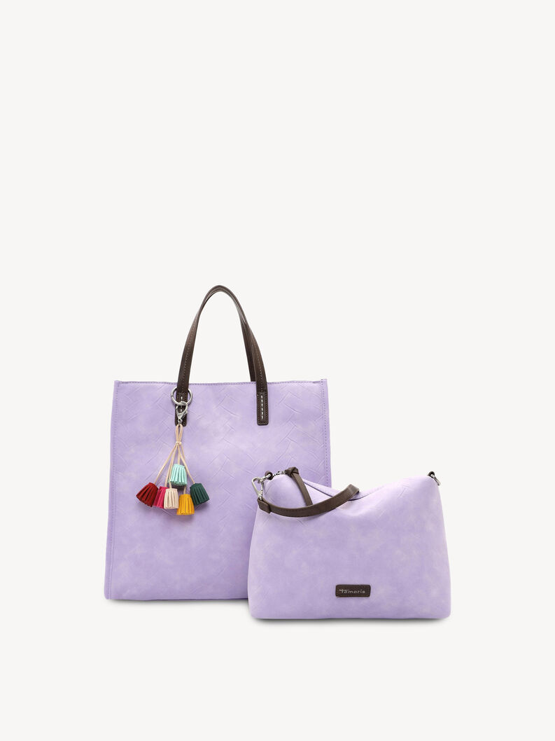 Set aus zwei fliederfarbenen Taschen mit bunten Quasten und braunen Kunstledergriffen