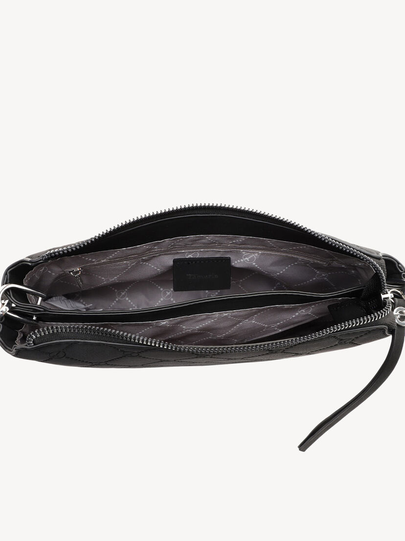 Gedetailleerde binnenkant van zwarte gewatteerde tas met binnenvakken