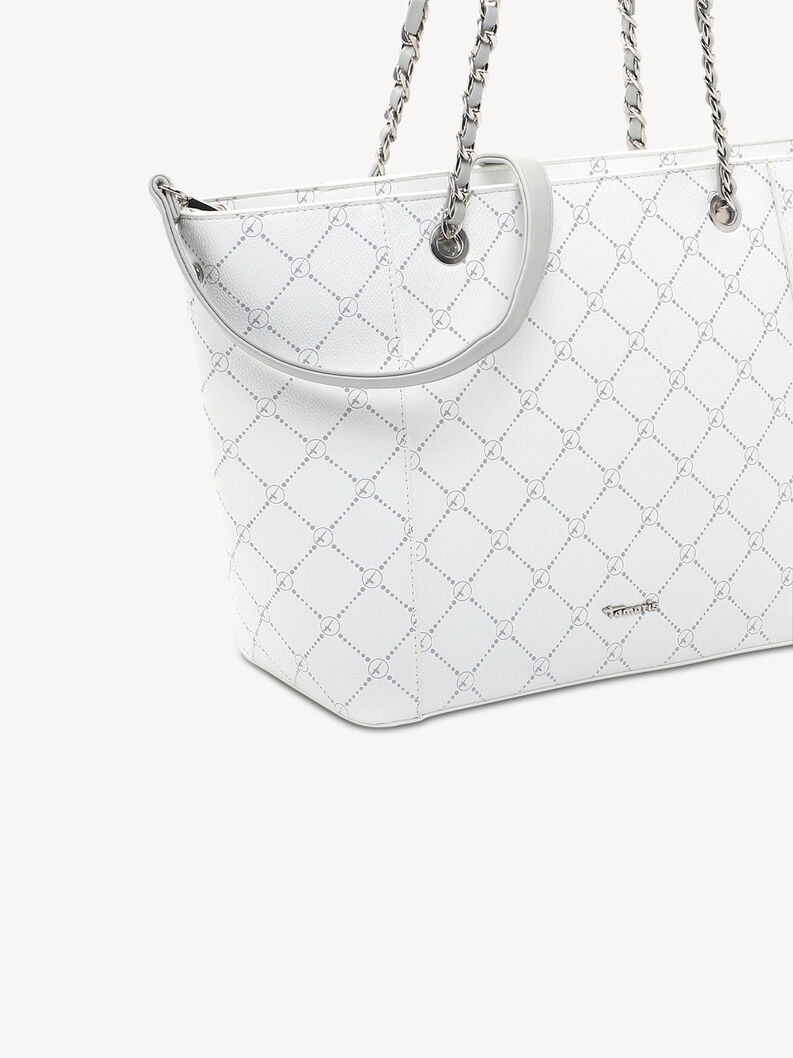 Detailansicht der Ecke und Kettenbefestigung einer wei&szlig;en Tamaris Tasche