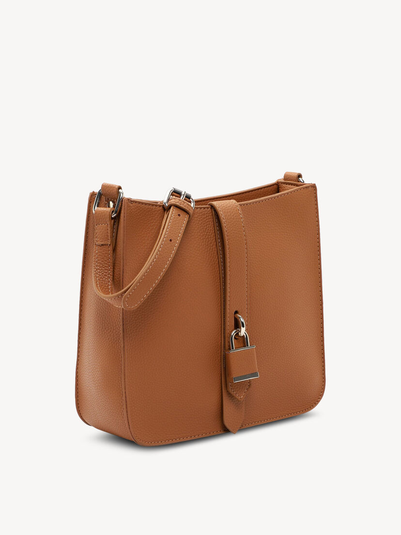 Bruine leren handtas met metalen gesp en verstelbare riem zijaanzicht