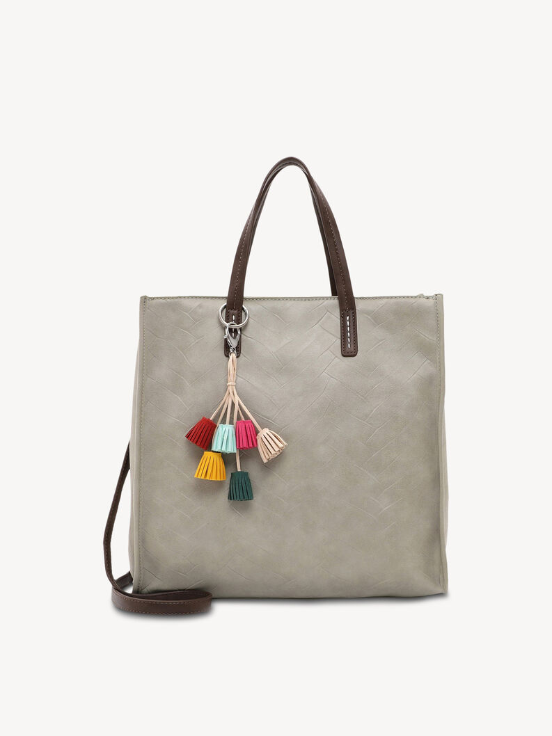 Sac &agrave; main gris avec pompons color&eacute;s et poign&eacute;es marron