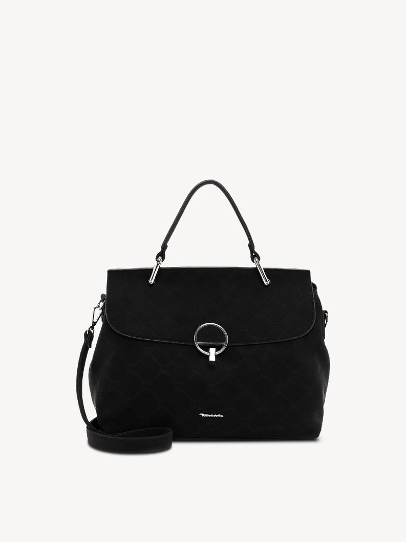 Black women's handbag with quilted pattern and silver clasp