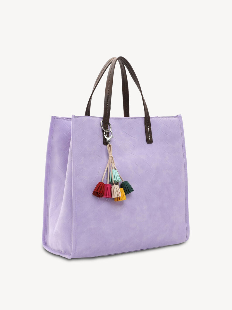 Gro&szlig;e fliederfarbene Tasche mit bunten Quasten und braunen Kunstlederriemen