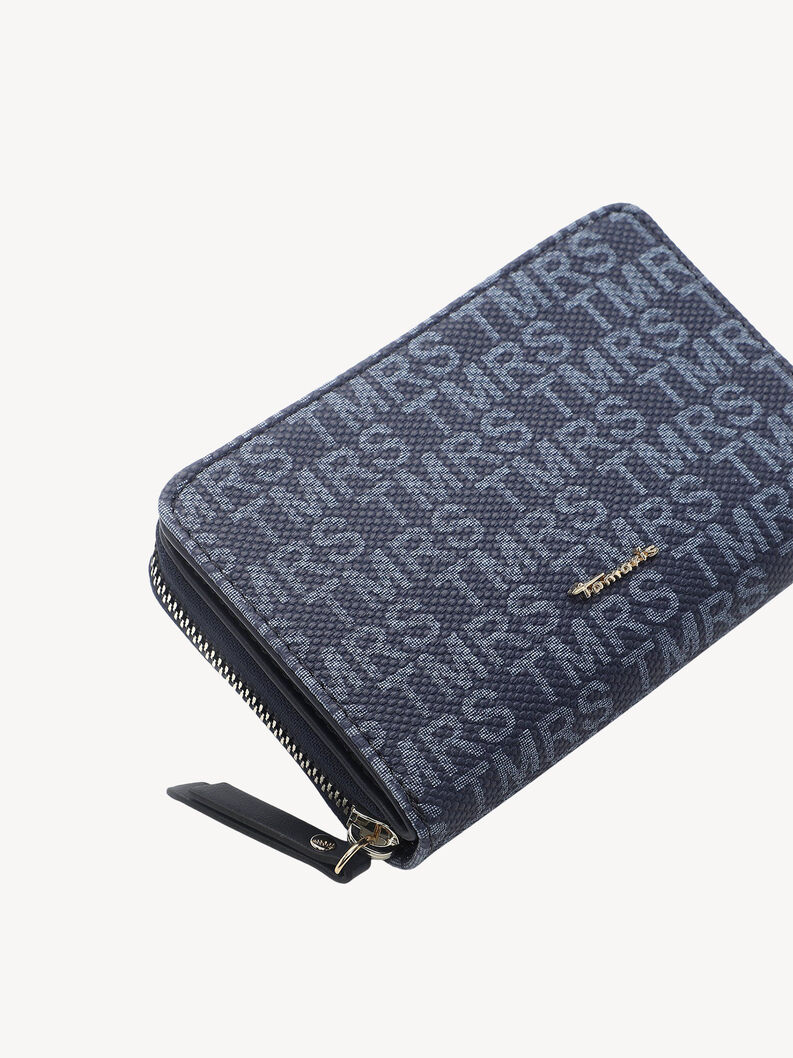 Portafoglio blu scuro Tamaris con monogramma e zip, vista inclinata