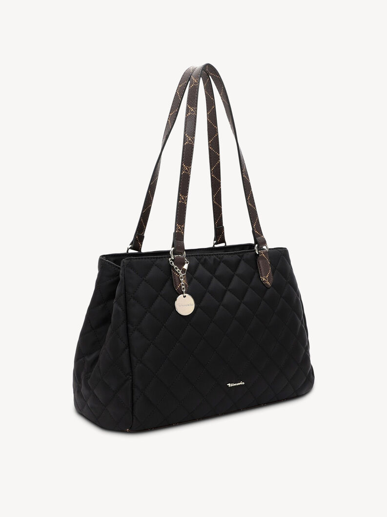 Czarna pikowana torba z długimi brązowymi rączkami, elegancki styl