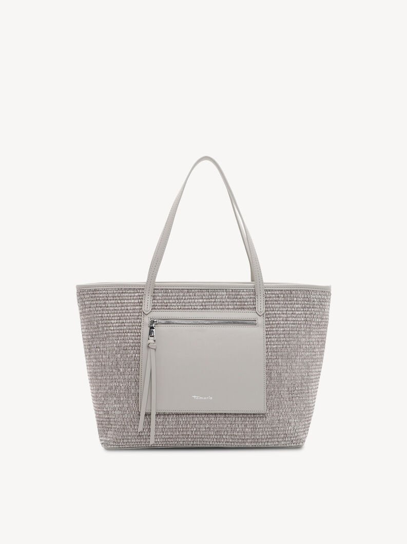 Front view of stylish beige Tamaris bag with zip and woven design