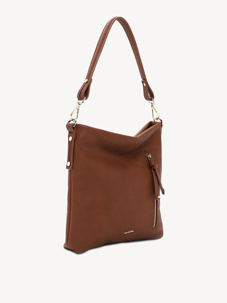 Brown textured leather bag with zipper, side view modern style