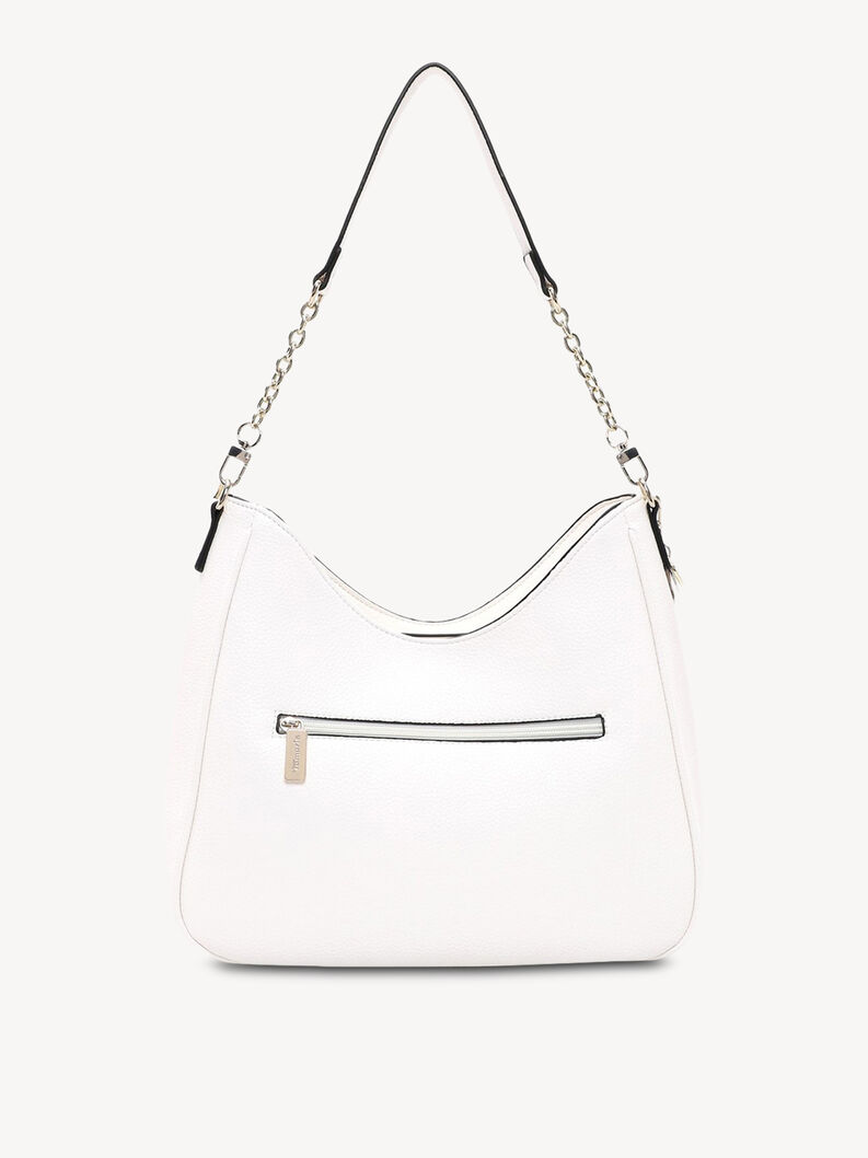 Sac &agrave; main femme en cuir blanc avec poche zipp&eacute;e arri&egrave;re et bandouli&egrave;re cha&icirc;ne