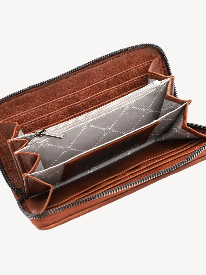 Innenansicht der braunen gesteppte Geldb&ouml;rse mit mehreren F&auml;chern und Rei&szlig;verschluss