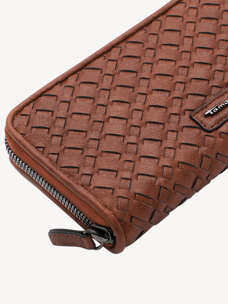 Detailansicht des Rei&szlig;verschlusses und der Steppung der braunen Kunstleder-Geldb&ouml;rse