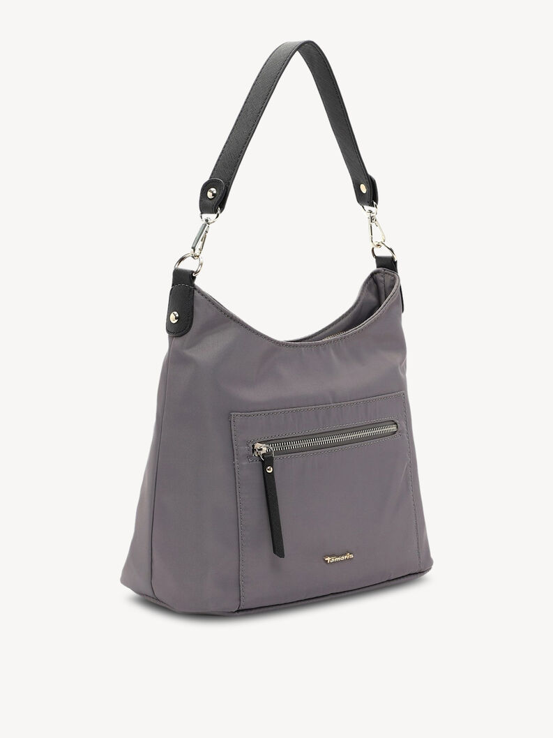 Grey handbag with black handle and front zipper pocket side view