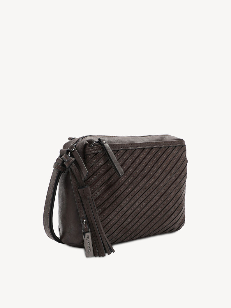 Seitliche Ansicht braune Leder-Crossbodytasche mit Quasten und Struktur