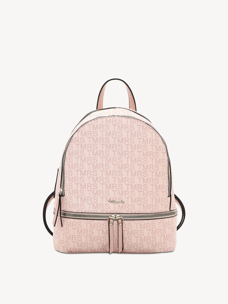 Rosa Rucksack aus Kunstleder mit Monogramm und Metallrei&szlig;verschl&uuml;ssen