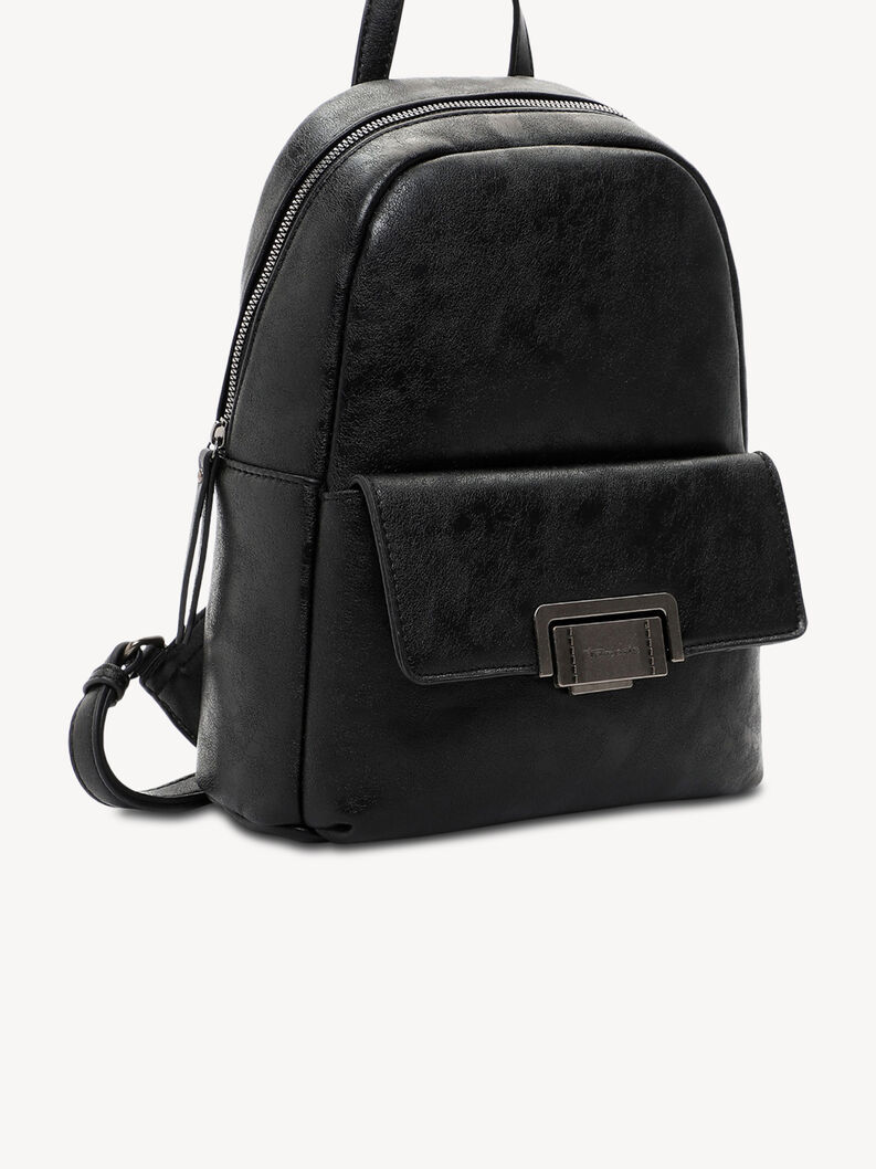 Schwarzer Kunstleder-Rucksack mit Metallschnalle und Hauptfach mit Rei&szlig;verschluss